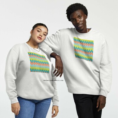Abstract grid of multi-color squares printed on white sweat shirts