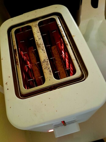 Toast toasting in the toaster, round side down.