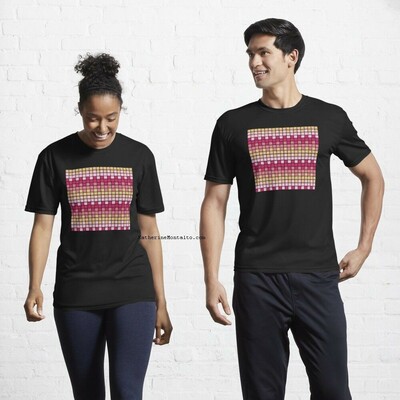 Abstract grid of multi-color squares printed on black t shirts