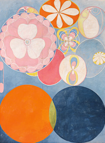 An Abstract canvas. The painting is of a series of circles, like bubbles, against a light blue background, but all with different contents. Some have flowerlike patterns, including one that's an orange circle with white teardrops forming a flower pattern, one of a pink flower, one yellow, one yellow/white/pink/blue. Another circle holds what looks to be a pair of wings. Another is a solid reddish circle. The bottom half is two large solid circles, one orange, one dark blue, overlapping slightly; their overlap area is light green.