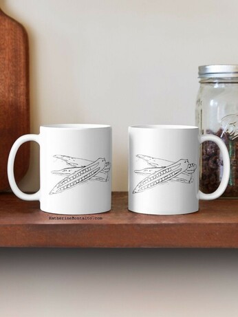brush pen illustration of okra printed on coffee mugs