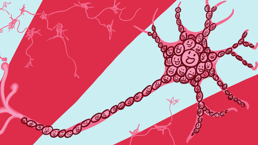 A pink neuron made up of many tiny happy cartoon faces. The background is made up of two red and two light blue stripes and a few small pink neurons are visible in the red parts.