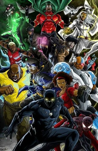 Comic book art showing a montage of Black superheroes and comic book characters, including (going top left corner clockwise, not everyone is identified):

War Machine
John Stewart
Falcon
Icon
Monica Rambeau
Storm
Steel
Miles Morales
Black Panther
Cage
Aqualad
Vixen
Misty Knight
Static

[Artist unknown. Could not be identified using Google image search.]