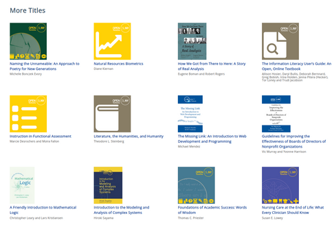 Screenshot of a tiled arrangements of the "covers" of cc lincensed books. Each tile has a thumnail of the book cover and text underneath with a summary of the books contents.
