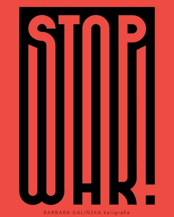 The calligraphy shows the English words STOP WAR. The word STOP is written in the red background colour and space between the word WAR, which is written in black underneath.