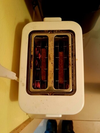 Toast toasts in the toaster, round side down, as seen from above. 
The toes of my boots can be seen at the bottom.