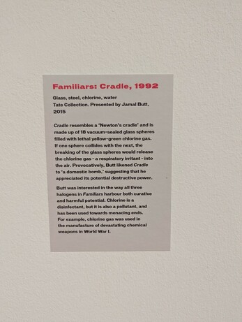 Exhibition installation caption.

Familiars: Cradle, 1992
Glass, steel, chlorine, water 
2015

Cradle resembles a 'Newton's cradle' and is made up of 28 vacuum-sealed glass spheres filled with lethal yellow-green chlorine gas. If one sphere collides with the next, the breaking of the glass spheres would release the chlorine gas - a respiratory irritant - into the air. Provocatively, Butt likened Cradle to a 'domestic bomb,' suggesting that he appreciated it's potential destructive power.
...
