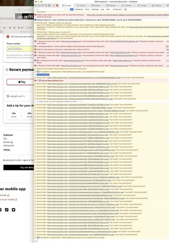 Web Inspector showing huge # of javascript errors from Pizza Hut payment page