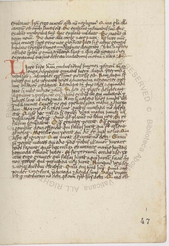 A page of text from a sermon from Vat.lat.11446, f.47r.  It has a single column of black text in a strange hybrid hand, and a large red L to start the second paragraph