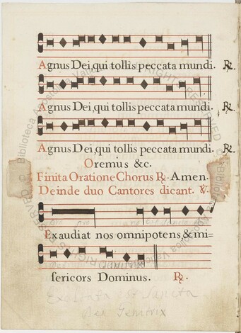 A page of plainchant music from Capp.Sist.440, f.4v. It has five staves of square notes on red staff lines, with a block of roman text in the middle, in red and black.  There are Respond symbols on the right