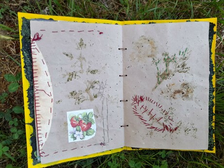 #6 Left: A round part of the coffee filter of page 5 fixed with red stitches. A hammer print of a green plant on grey krafft paper, a small picture of strawberries with flowers. Right: red stitched abstract form of a beech leave and hammer print of green plant on grey krafft paper.