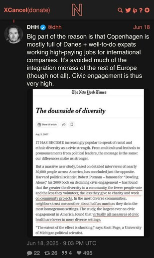 DHH
@dhh
Jun 18
Big part of the reason is that Copenhagen is
mostly full of Danes + well-to-do expats
working high-paying jobs for international
companies. It's avoided much of the
integration morass of the rest of Europe
(though not all). Civic engagement is thus
very high.

The New York Times
The downside of diversity

Aug. 5, 2007
IT HAS BECOME increasingly popular to speak of racial and
ethnic diversity as a civic strength. From multicultural festivals to
pronouncements from political leaders, the message is the same:
our differences make us stronger.
But a massive new study, based on detailed interviews of nearly
30,000 people across America, has concluded just the opposite.
Harvard political scientist Robert Putnam - famous for "Bowling
Alone," his 2000 book on declining civic engagement - has found
that the greater the diversity in a community, the fewer people vote
and the less they volunteer, the less they give to charity and work
on community projects. In the most diverse communities,
neighbors trust one another about half as much as they do in the
most homogenous settings. The study, the largest ever on civic
engagement in America, found that virtually all measures of civic
health are lower in more diverse settings.
"The extent of the effect is shocking," says Scott Page, a University
of Michigan political scientist.
