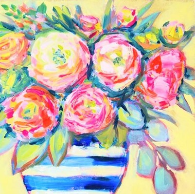 A painting of a striped blue and white vase with all different colors of flowers in it