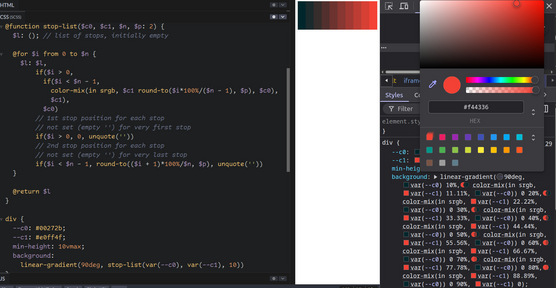 Screenshot of the modified Sass mixin using CSS variables and `color-mix()`. On the right, we also have a DevTools panel open, showing the changing one of the end steps changes all intermediary ones this way.