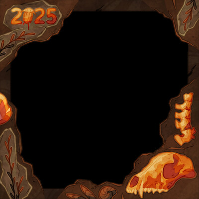 A drawn border for a square canvas. In the top left corner it says 2025. There are plant fossils, a skull, a spine, a piece of amber and more small fossils. The color scheme is orange-ish brown.