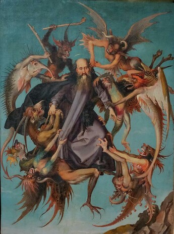 Painting: torment of st anthony.
Hippie looking religious sainty dude and/or 1970s RE teacher attacked by demons