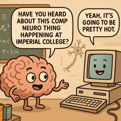 A cartoon-style illustration of a brain and a computer having a conversation. The brain has eyes and a mouth, and is animated to look like it's talking. It says, 'Have you heard about this comp neuro thing happening at Imperial College?'. The computer has a friendly face on its screen and is replying, 'Yeah it's going to be pretty hot'.