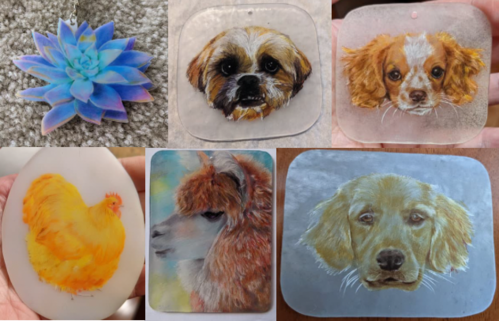 Compilation of a few shrinky dink keychains. Top row from left to right: succulent, TomTom the Shih Tzu, and Pixel the Cavailer King Charles Puppy. Bottom row from left to right: chicken, llama, and Sadie the golden retriever.