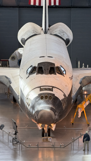 An overhead view of the space shuttle Discovery on display at the Air and Space Museum near the Dulles International Airport.