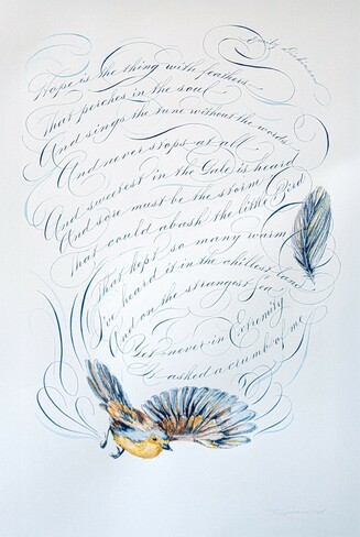 A calligraphic art piece featuring a poem by Emily Dickinson, written in whirlwind of flourished Madarasz script. Surrounding the text are delicate watercolor illustrations of a bird in flight and a feather. By Katie Leavens