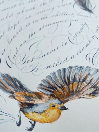 A close up of a beautifully illustrated bird in mid-flight, in indigo and yellow. Accompanying the bird is a whirlwind of flourished Madarasz calligraphy in indigo on a light background.