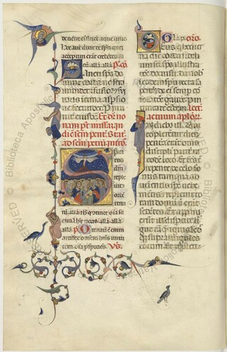 A decorated page from a Missa, Chig.B.VII.210 f.12v.  There is a rotunda gothic hand for two columns with red rubrications within the text and several, illuminated initials.  There is a narrow border on the left with several birds and acrobats, and a interlace at hte bottom