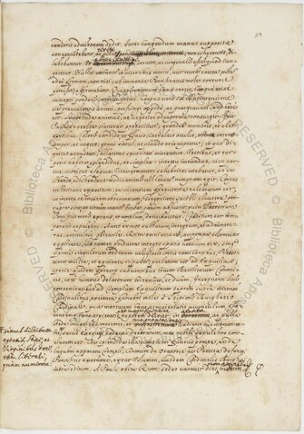 A page of 17th C Italian cursive in a single column of brown ink.  There are several corrections in the text and a small marginal note at the bottom left.  From Barb.lat.2670 f.12r