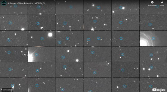 This is a screenshot from a video on YouTube showing 36 separate black-and-white images in a grid. Each image has one or two white dots circled in blue, revealing the location of a newly discovered asteroid.