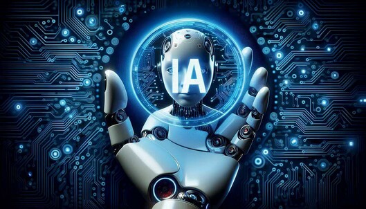 Robot hand, from which a robot head grows, surrounded by bluish PCBs and a blue circle. In the centre of the circle "IA" is written in bluish-white letters.

Main d'un robot, à partir de laquelle pousse une tête de robot, entourée de PCB bleutés et d'un cercle bleu.
Au centre du cercle, « IA » est écrit en lettres bleu-blanc