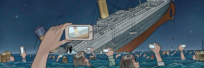 Zeichnung, sinkende Titanic wird von ertrinkenden ein letztes mal fotografiert
