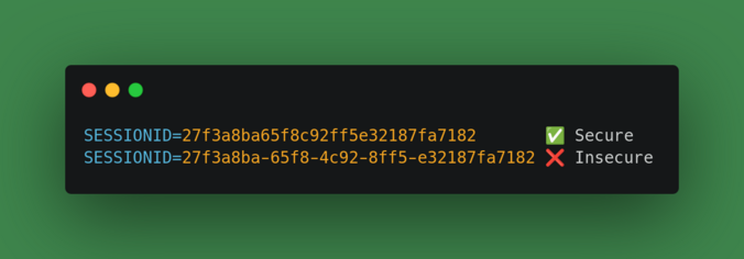 Screenshot showing two session IDs:

SESSIONID=27f3a8ba65f8c92ff5e32187fa7182 ✅ Secure
SESSIONID=27f3a8ba-65f8-4c92-8ff5-e32187fa7182 ❌ Insecure