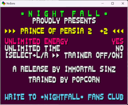 Screenshot of nineties hacking group Nightfall's Prince of Persia 2 trainer menu running correctly under a SNES emulator. The Unlimited Energy option is enabled.