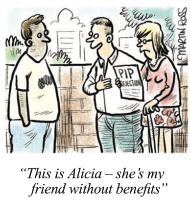 A nab introduces a woman holding a PIP rejection l;ett, caption rads “This  is Alicia - she's my friend without benefits””