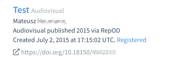 A screenshot of a DOI identifier assigned to the first dataset published in the RepOD research data repository on July 2nd, 2015.