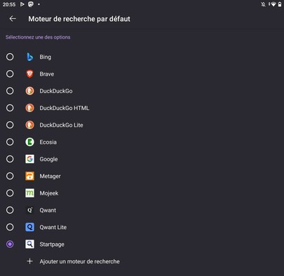 Capture of parameters and search engine choice on Mozilla Fennec 139 with :
- Bing
- Brave
- DuckDuckGo
- DuckDuckGo HTML
- DuckDuckGo Lite
- Ecosia
- Google
- Metager
- Mojeek
- Qwant
- Qwant Lite
- Startpage