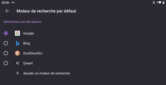 Capture of parameters and search engine choice on Mozilla Fennec 140 with :
- Google
- Bing
- DuckDuckGo
- Qwant