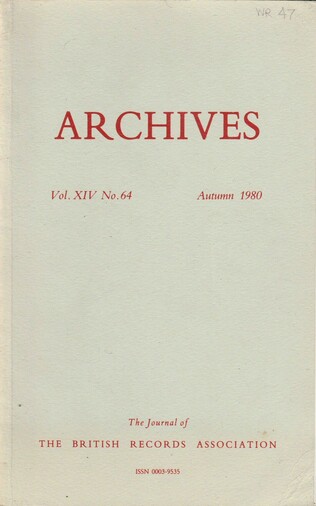 The front cover of Archives: The Journal of the British Records Association No 64 for Autumn 1980. Plain pale grey with title in deep red.