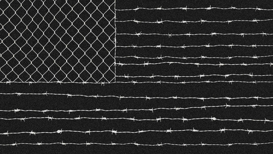 An American flag rendered in black with line art, with the stars a chain link fence pattern and the stripes in barbed wire
