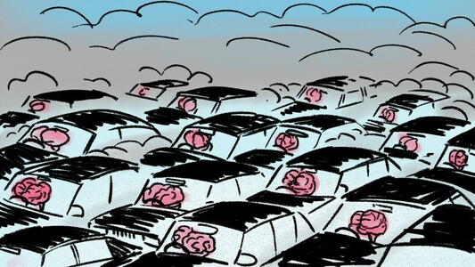 A cartoon depicting a traffic jam of identical black cars, each driven by a brain. Thick clouds of exhaust rise and gather above the stalled vehicles.