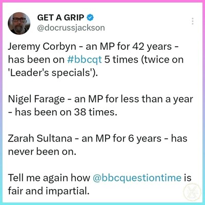 Jeremy Corbyn - an MP for 42 years - has been on BBC Question Time 5 times (twice on 'Leaders Specials').

Nigel Farage - an MP for less than a year - has been on 38 times.

Zarah Sultana - an MP for 6 years - has never been on.

Tell me again how BBC Question Time is fair and impartial.
