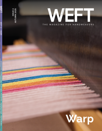 the cover of Weft magazine, with a close up picture of a pink warp with multicolor stripes