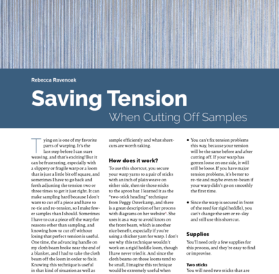 a partial image of a magazine article titled "Saving Tension when Cutting Off Samples" by Rebecca Ravenoak