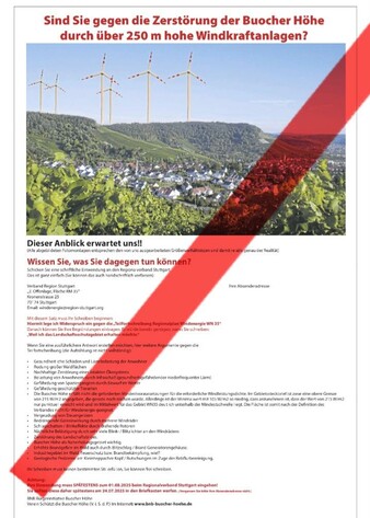 Ganzseitige Anzeige der Windkraftgegner mit einer Illustration, wie geplante 4 WKA über grünem Wald und frischen Reben aussähen.
Verbunden mit einem Aufruf gegen die Anlagen Einspruch zu erheben und einer Auflistung von Gründen, die gegen die Anlagen sprächen.