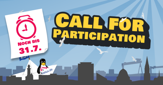 Call for Participation noch bis 31.7. - Tux im Schiff mit Kiel-Panorama und Möwen