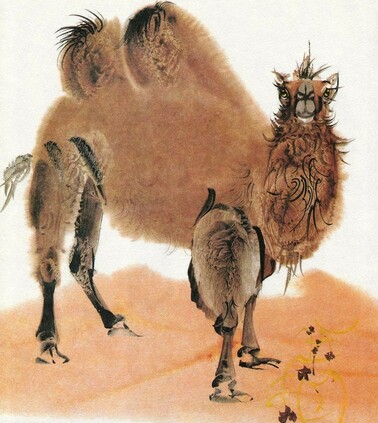 a watercolor painting of a camel with two humps standing on sand.  The camel has its head turned toward the viewer