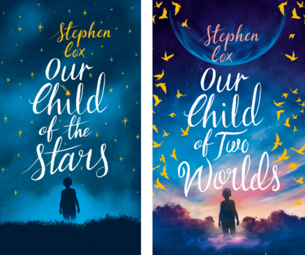 Our Child of the Stars and Our Child of Two Worlds, beautiful book covers. Both show a boy silhouetted against a mysterious sky.  Our Child of the Stars shows a misty night, but many bright stars.  Our Child of Worlds shows dawn breaking pink and blue, with yellow birds rising and a mysterious planet.