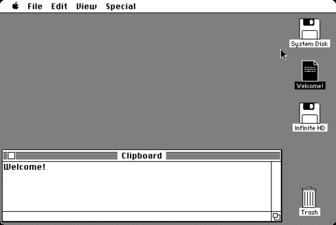 Macintosh System 1.0 (1984) from infinitemac.org

Selecting Edit -> Show Clipboard opens the clipboard viewer, which updates dynamically whenever the clipboard is updated