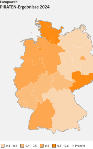 Europawahl Ergebnisse PIRATEN 2024
SH 0,59%
SN 0,55%
BY und der Rest Ostdeutschlands ~0,3%
Mitteldeutschland ~0,4%
NDS, NRW B und BW ~0,4-0,5%