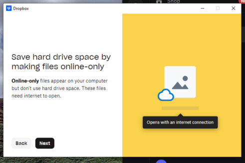 "Save hard drive space by making files online-only....
....these files need internet to open"