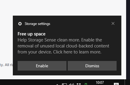 Pop-up from the newly 'upgraded' dropbox.

Storage Settings, Free up space
Help Storage Sense clean more. Enable the removal of unused local cloud-backed content from your device. Click to learn more.
Enable / Dismiss